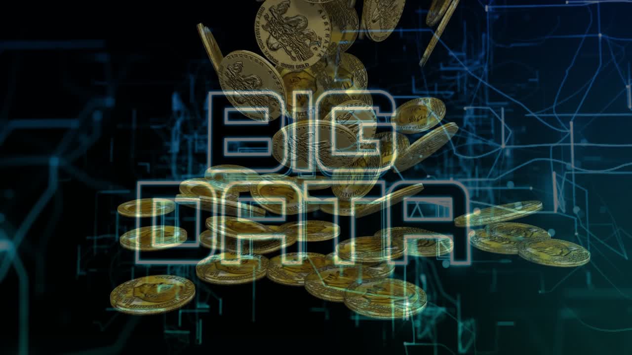 BIG DATA-titel afslutter fade-in og skarphed, hvorefter mønter vælter, stabler sig, viser omsætning.