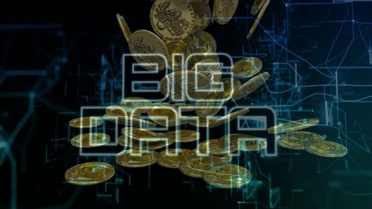 Titolo BIG DATA che completa la dissolvenza e aumenta la nitidezza, dopodiché monete che cadono e si impilano, mostrando il fatturato.