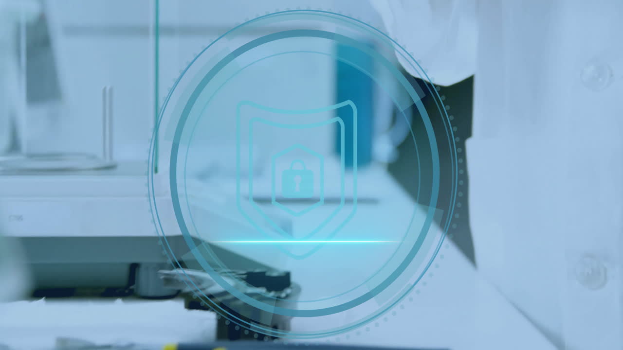 IT technician scanning fingerprint using biometric scanner as interface projecting security shield