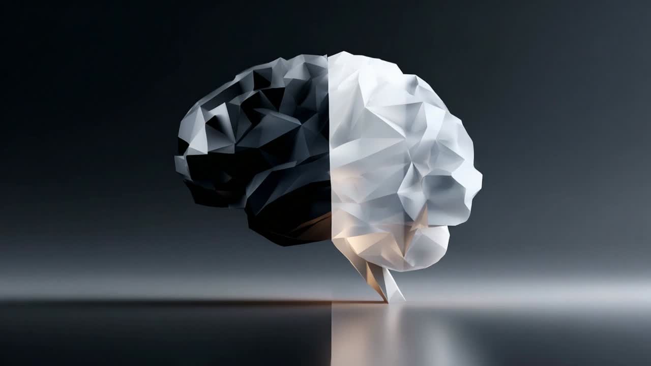 A Stunning Exploration of a Low-Poly Brain Design Representing the Duality of Thought and Emotion, Highlighting the Complex Nature of Human Cognition Through Minimalistic Artistry