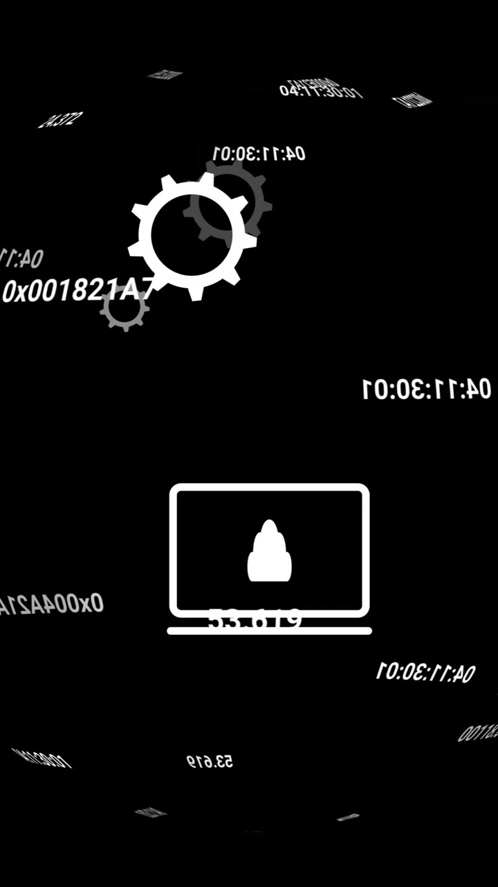 Animation of financial data processing and icons over black background