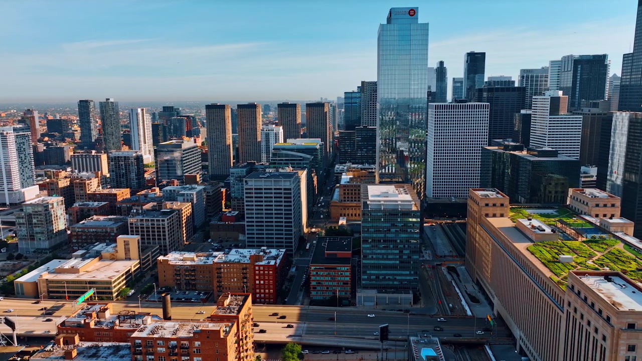 Green beautiful area on the top of the multi-storied building. Modern stunning architecture of Chicago, Illinois, USA from drone footage.