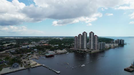 Drone-aerial-shot-of-condos-and-a-damaged-harbor-from-a-hurricane-in-Florida