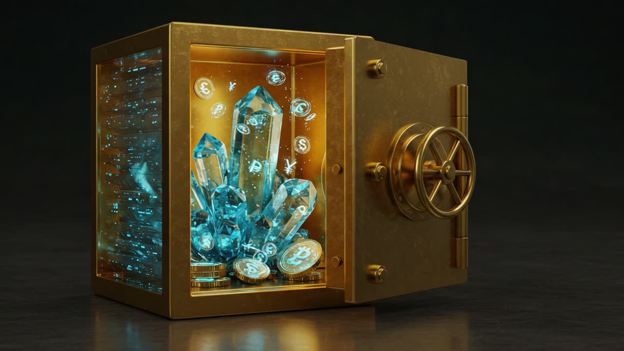 Un caveau sicuro che mostra cristalli blu scintillanti e monete, a simboleggiare ricchezza e lusso in un ambiente futuristico