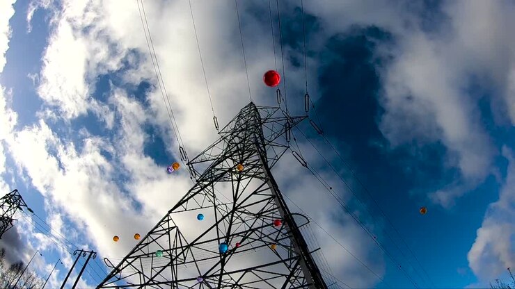 colorful balls bouncing near the electrical tower