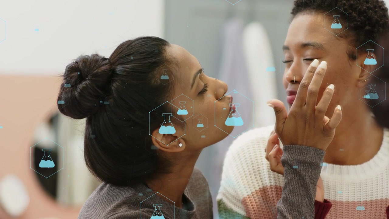 Left woman leaning lifting chin and dabbing skincare under-eye as lab-beaker cloud icons float