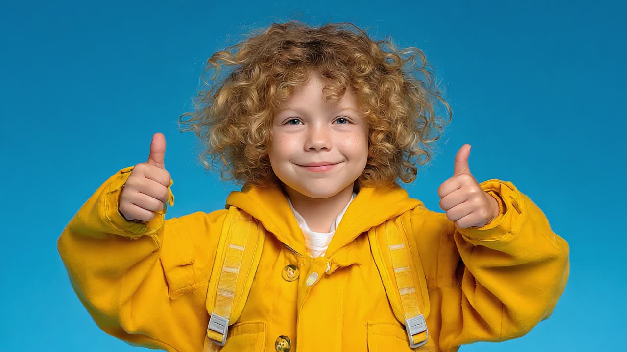 A cheerful child in a vibrant yellow raincoat gives a double thumbs-up against a bright blue background, radiating positivity and joy in a lively environment
