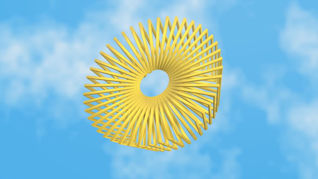 하늘에 있는 몽환적인 노란 반지, 초현실적인 3d 애니메이션