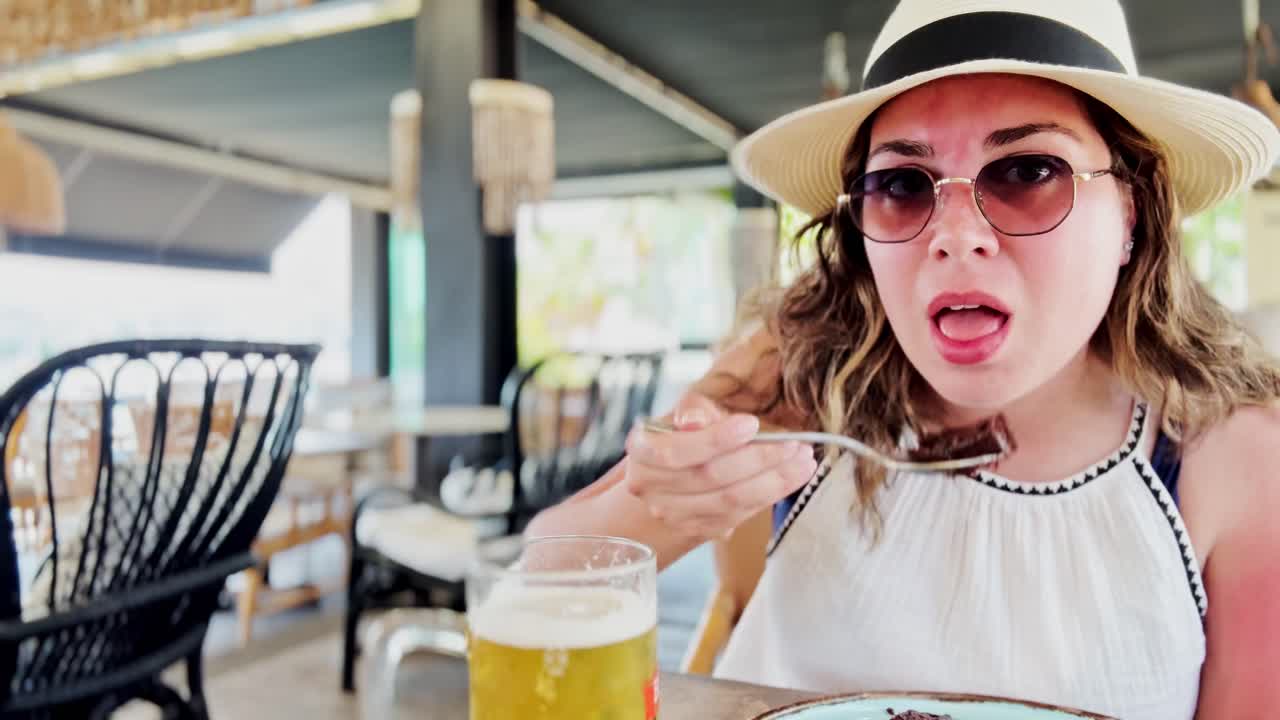 After the Beach: Sunburned Woman at Cafe