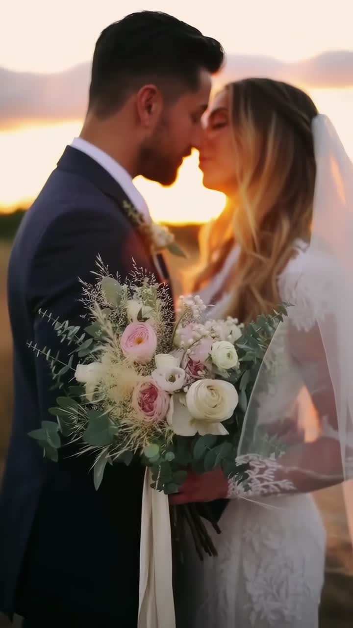 Video di matrimonio romantico al tramonto, angolazione ravvicinata, coppia che si abbraccia con bouquet floreale