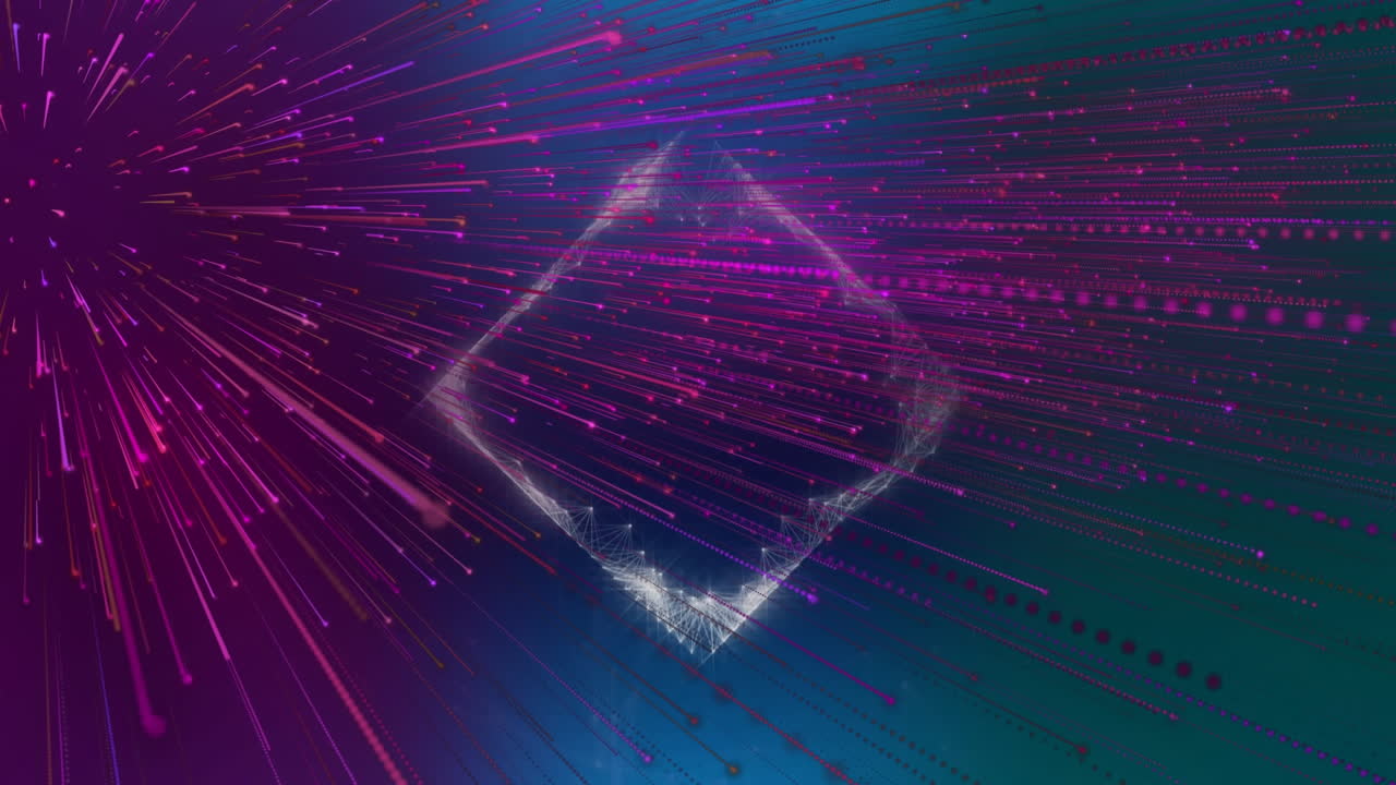 Animation of diamond neon shape over purple light trails on blue background