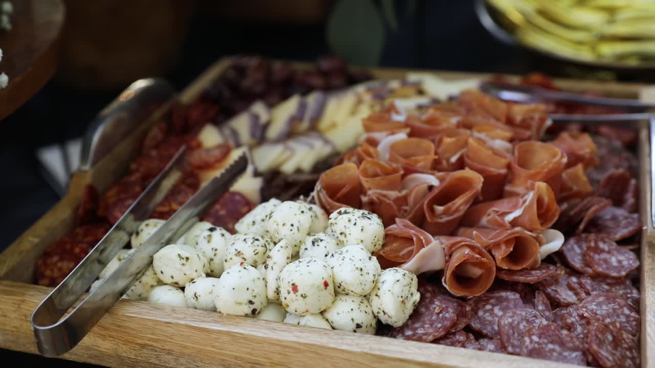 Wedding food catering charcuterie meat platter, luxury event food, closeup