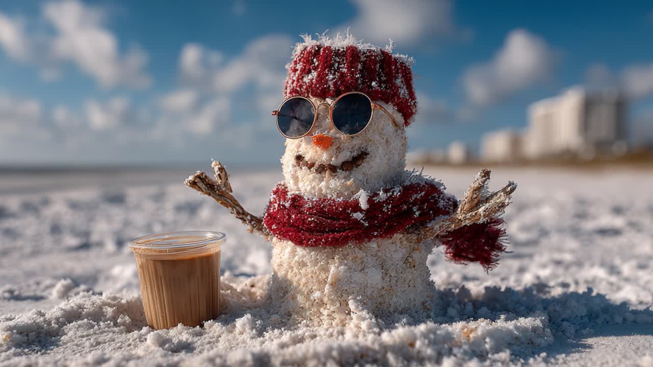 A whimsical snowman enjoying a sunny beach day, sporting trendy sunglasses and a cozy scarf while holding a refreshing drink, embodying a cheerful winter vibe by the coast