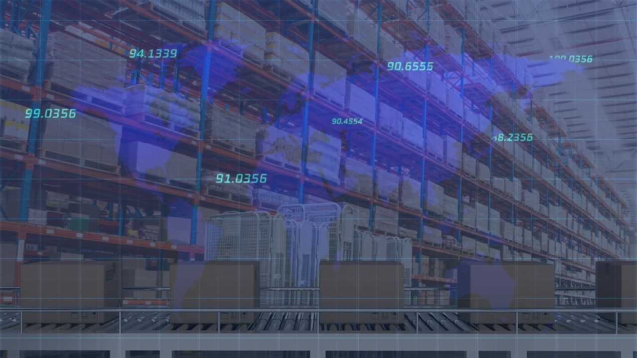 animación del mapa del mundo y los datos financieros sobre los paquetes en el almacén