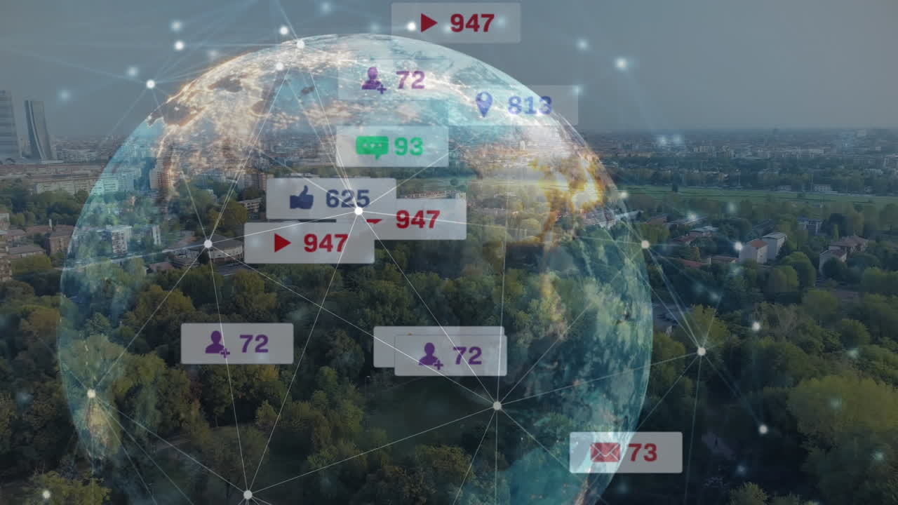 풍경에 대한 연결을 가진 소셜 미디어 아이콘과 글로브의 애니메이션