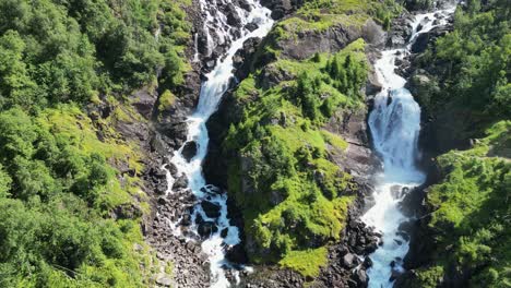 Latefossen-Waterfall-Cascade-in-Granvin,-Odda,-Norway,-Scandinavia---Aerial