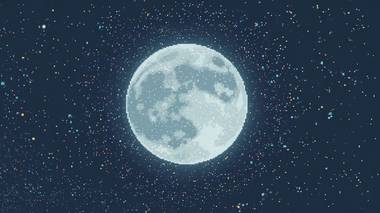 Appearing stylized full moon pulsing halo and attracting pixel stars and colored specks in navy sky
