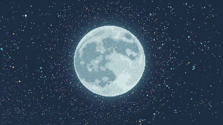 Lua cheia estilizada pulsando com halo e atraindo estrelas de pixel e manchas coloridas em céu azul-marinho