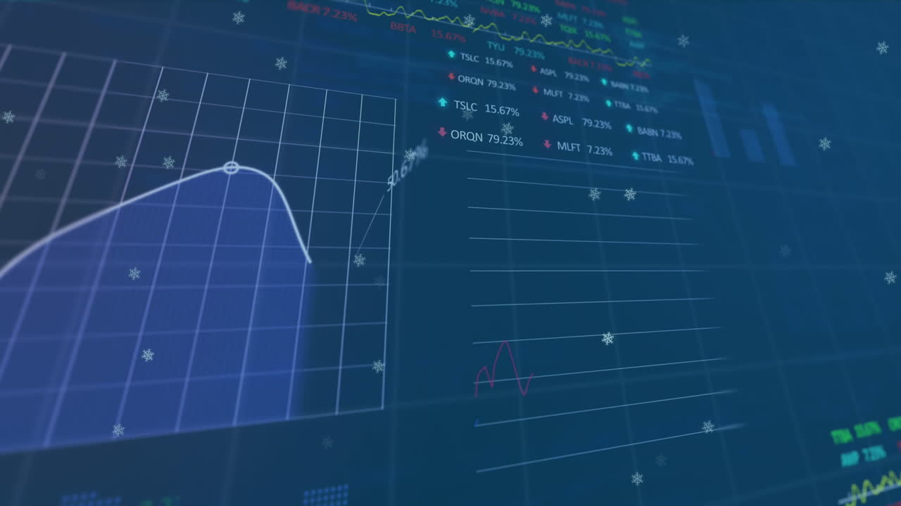 Animation of multiple graphs and trading boards over snowflakes in background
