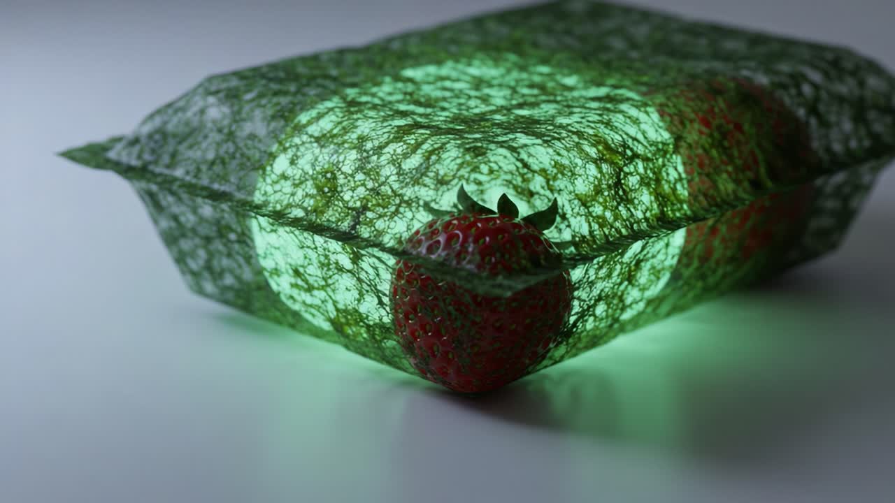 A mesmerizing visual of illuminated strawberries encased in a textured green wrap, showcasing a captivating interplay of light and color, creating an artful presentation
