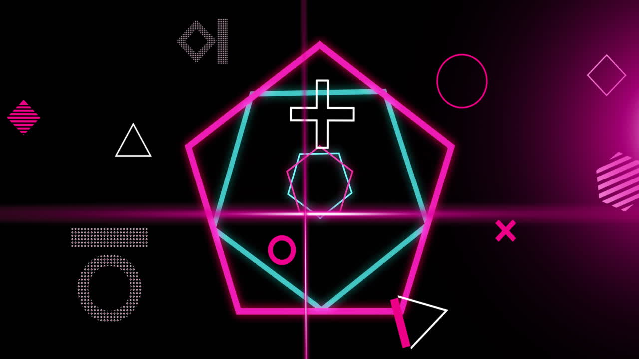 Animation of rotating shapes and pink and blue hexagons with pink scanner beams on black background