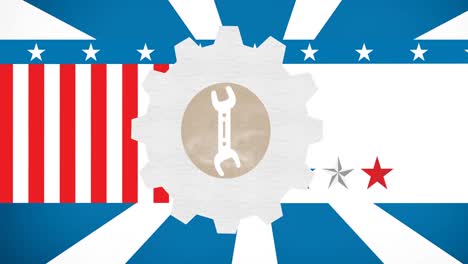 Animation-of-wrench-labour-day-symbol-over-cog-and-american-flag