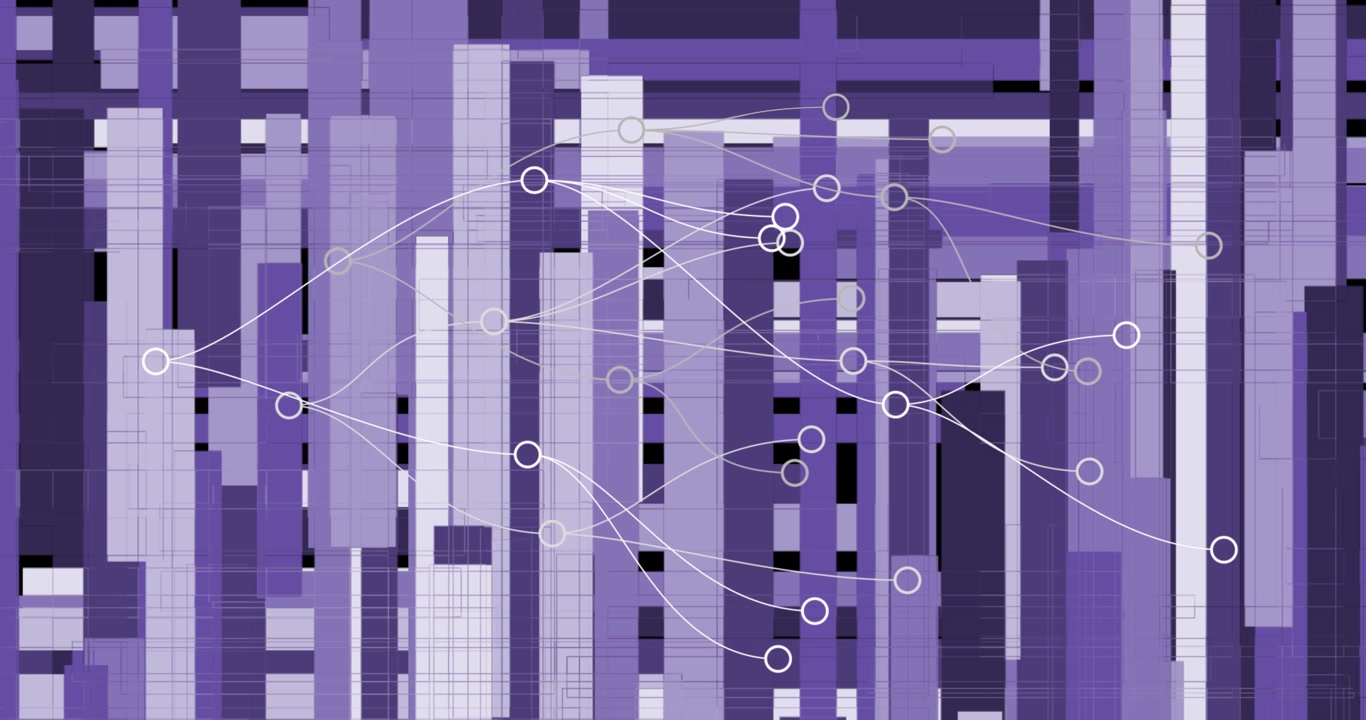 Animation of network of connections over purple light trails against black background