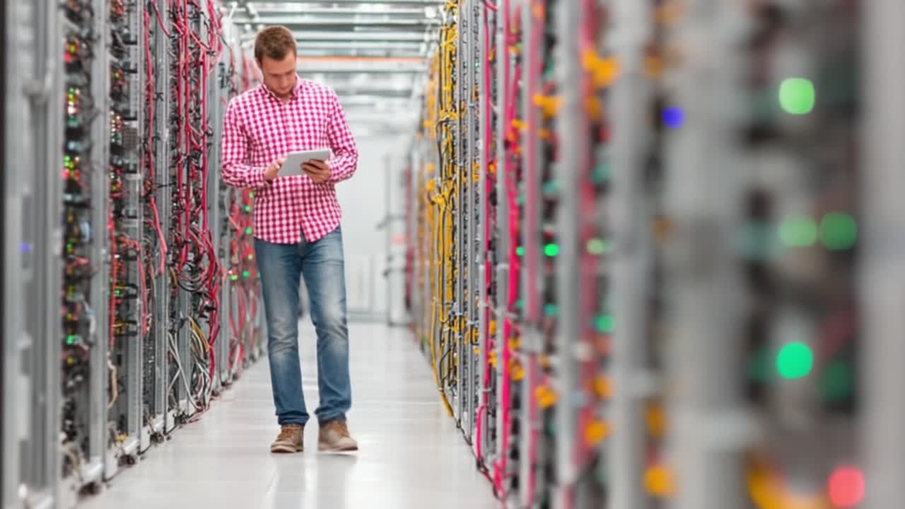 A Data Center Technician Analyzing Information on a Tablet Amidst Rows of Servers and Brightly Illuminated Network Equipment in a High-Tech Facility