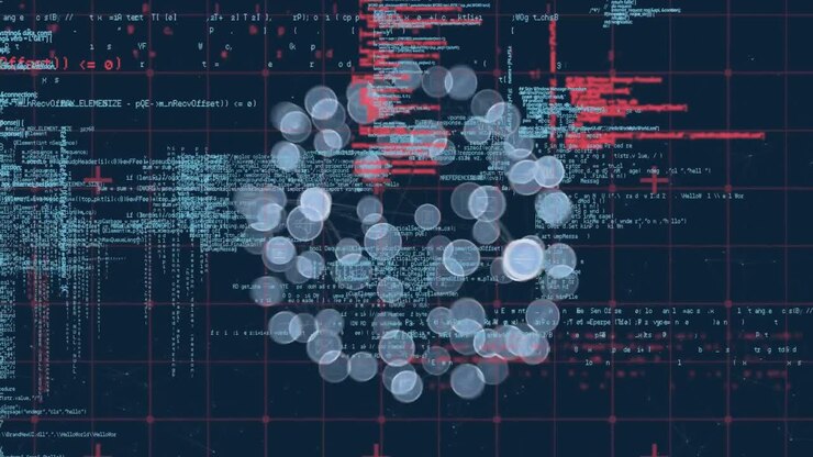 Digital animation of globe of digital icons and data processing against blue background