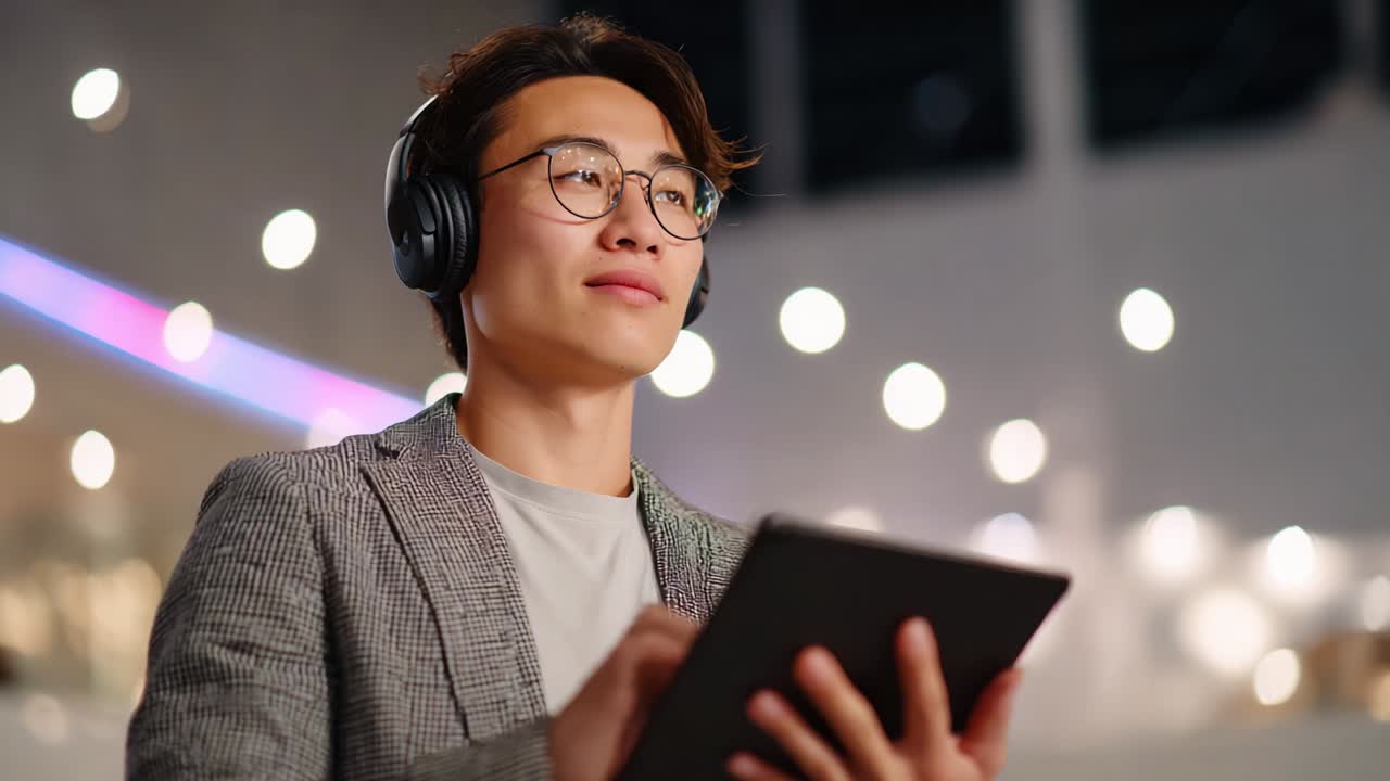 En ung mand med hovedtelefoner og briller står selvsikkert og bruger en tablet. Han er omgivet af en smukt oplyst baggrund med bløde bokeh-effekter, der viser moderne teknologi og en afslappet atmosfære.