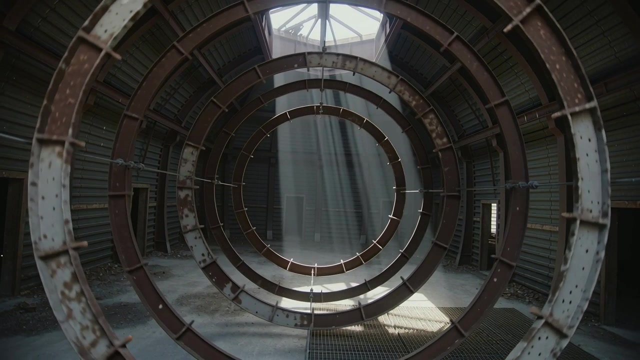 Advancing camera revealing rusted concentric metal rings growing inside circular chamber, with beam