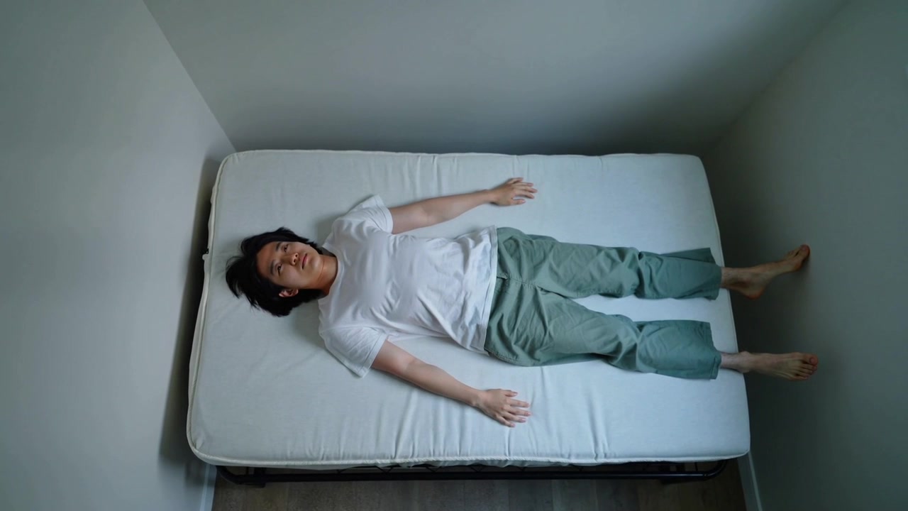 Overhead recording showing Asian man shifting while lying on mattress with pillow in small bedroom