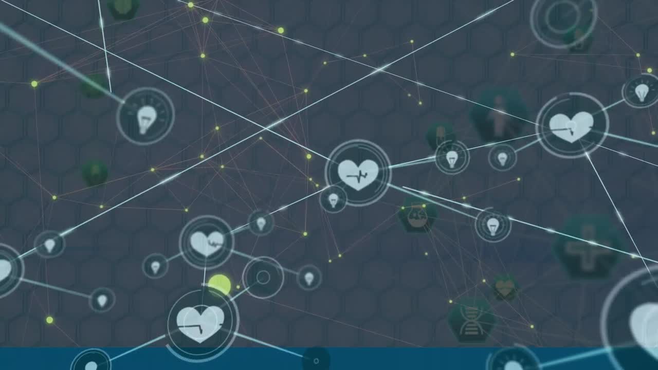 회색 배경에 대한 여러 의료 아이콘 위에 디지털 아이콘 네트워크의 디지털 애니메이션