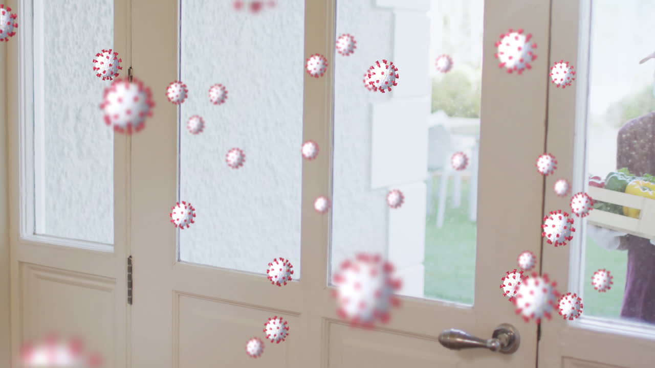 코로나 19 세포가 떠다니는 애니메이션 얼굴 마스크를 입은 배달 남자