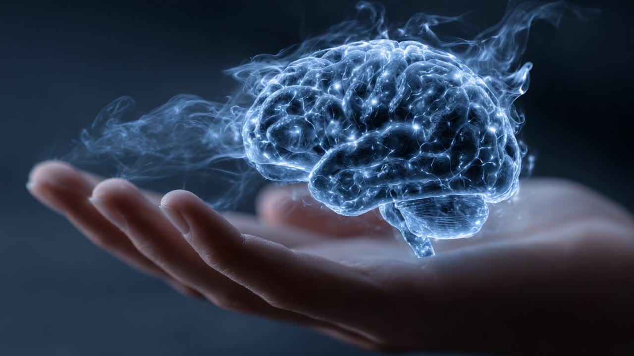An ethereal representation of a brain suspended in a hand, symbolizing the power of thought, innovation, and the connection between consciousness and technology in a surreal manner
