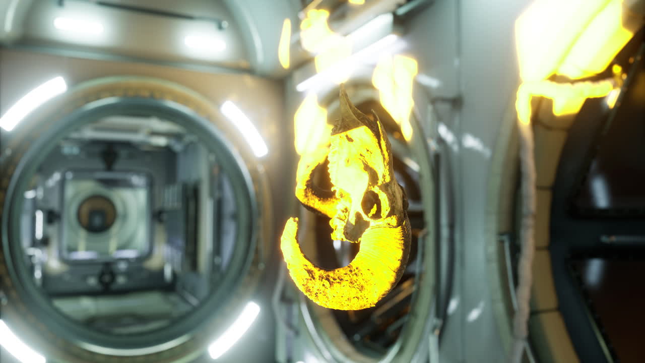 Captivating exploration of ancient ram skull in futuristic environment