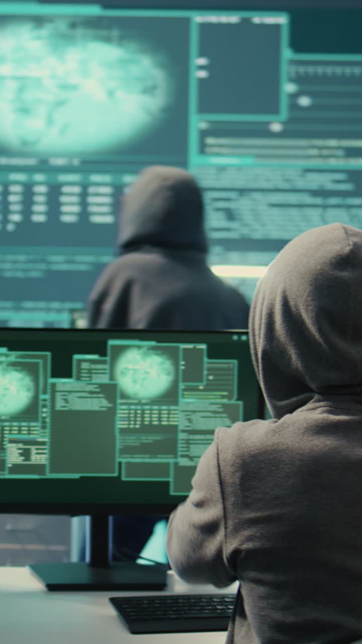 Two Hackers Collaborating on Cybersecurity in a Dark Server Room