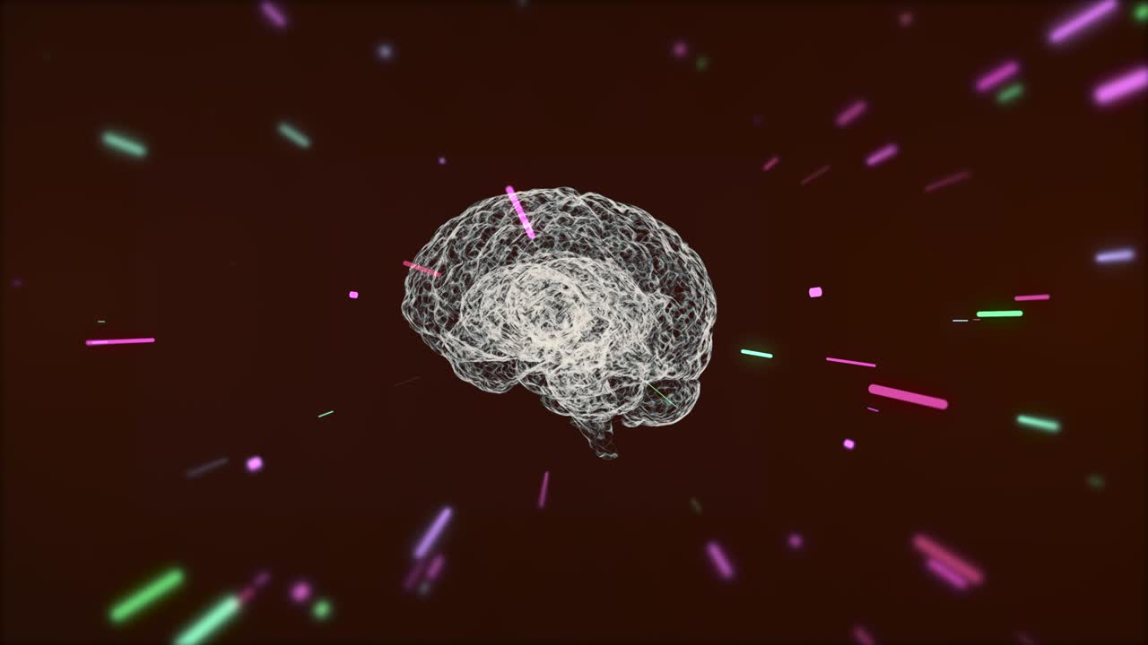 인간 뇌의 하 홀로그램이 추상적인 고속 터널에서 회전하고 선형 입자가 확대되고 있습니다.