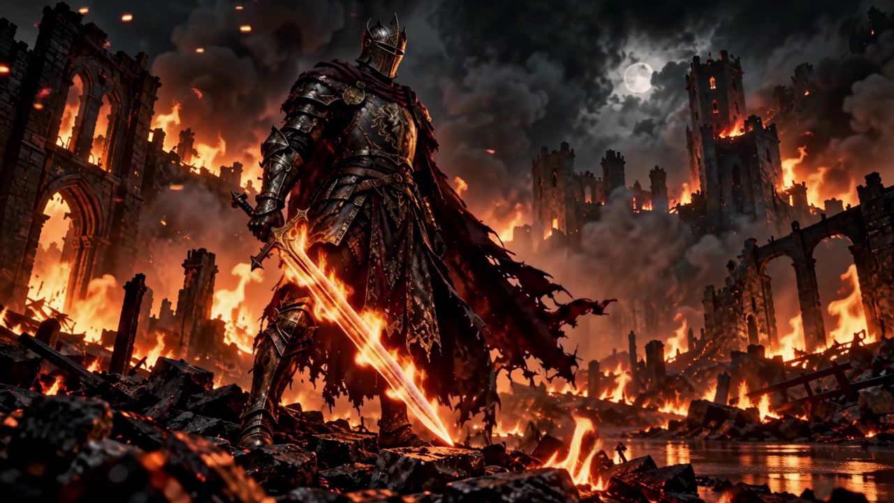 Cavaliere oscuro in piedi tra le rovine di un castello in fiamme
