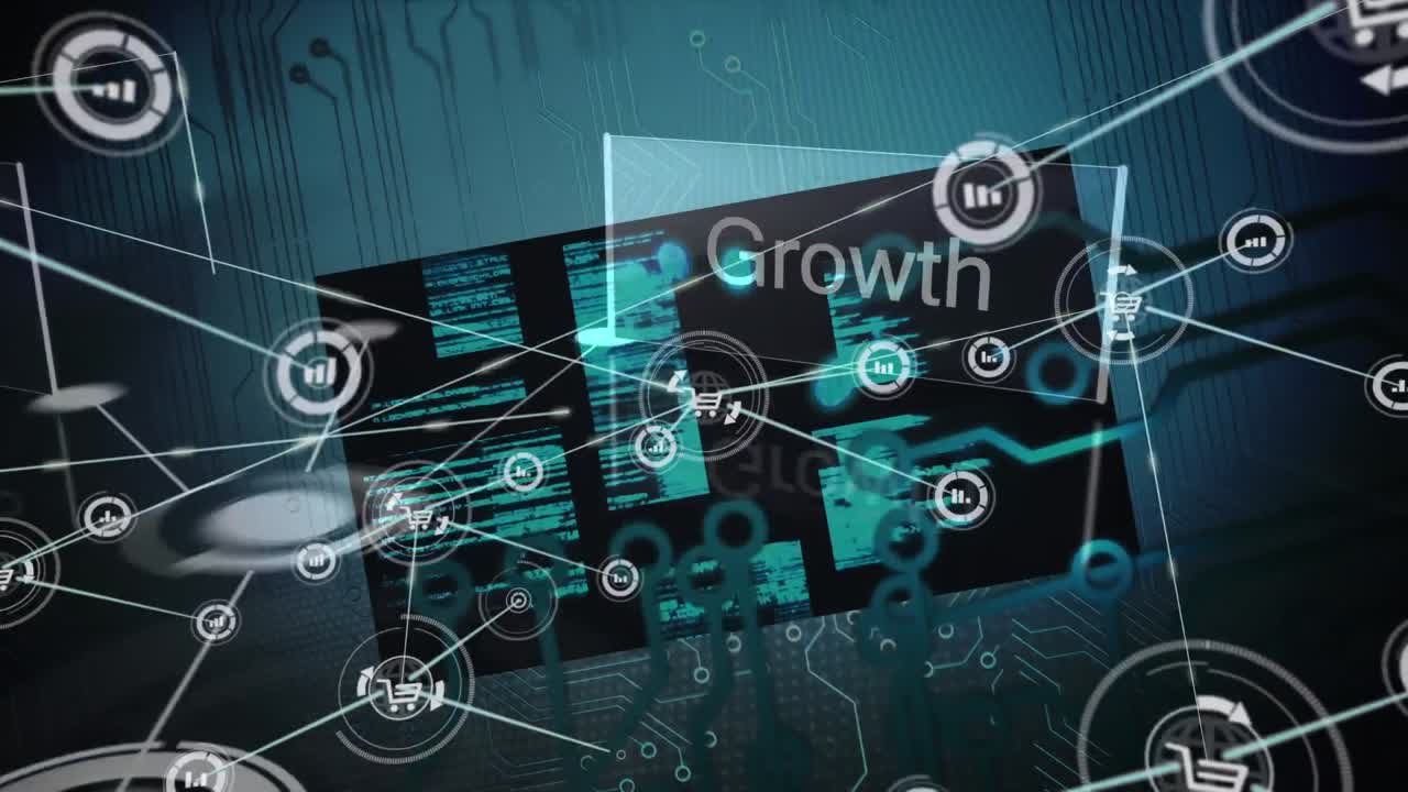 어두운 배경에 아이콘과 비즈니스 텍스트를 가진 연결 네트워크의 애니메이션