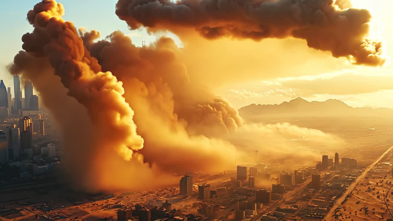 A city is covered in a thick layer of dust and ash. The sky is hazy and the sun is setting. The scene is chaotic and apocalyptic