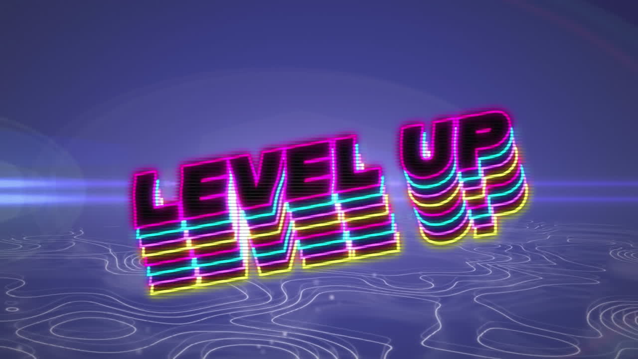 Animation of level up text over lines on purple background