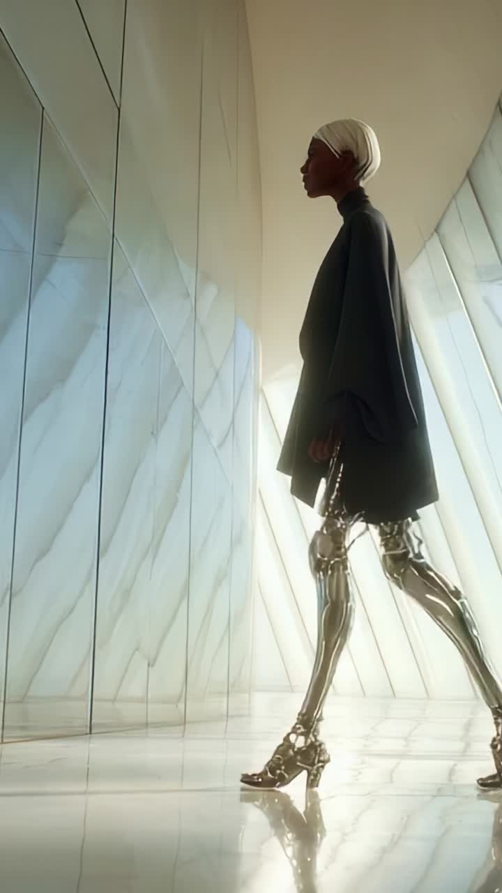 Pernyataan Mode Futuristis: Seorang Model Wanita dengan Kaki Sibernetik Elegan Berjalan dengan Penuh Percaya Diri Melalui Ruang Arsitektur Modern, Memadukan Seni dan Teknologi