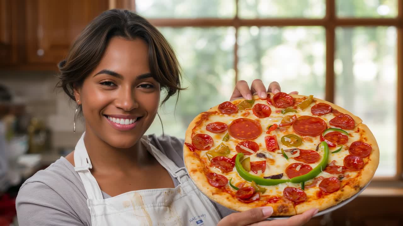 Donna ispanica con grembiule che tiene in mano una pizza appena sfornata e inclina il piatto nella cucina di casa con un sorriso