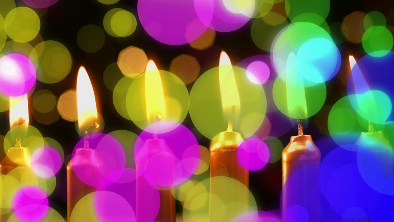 Metallic candles flickering under purple yellow glow while green blue circles drifting and slowing