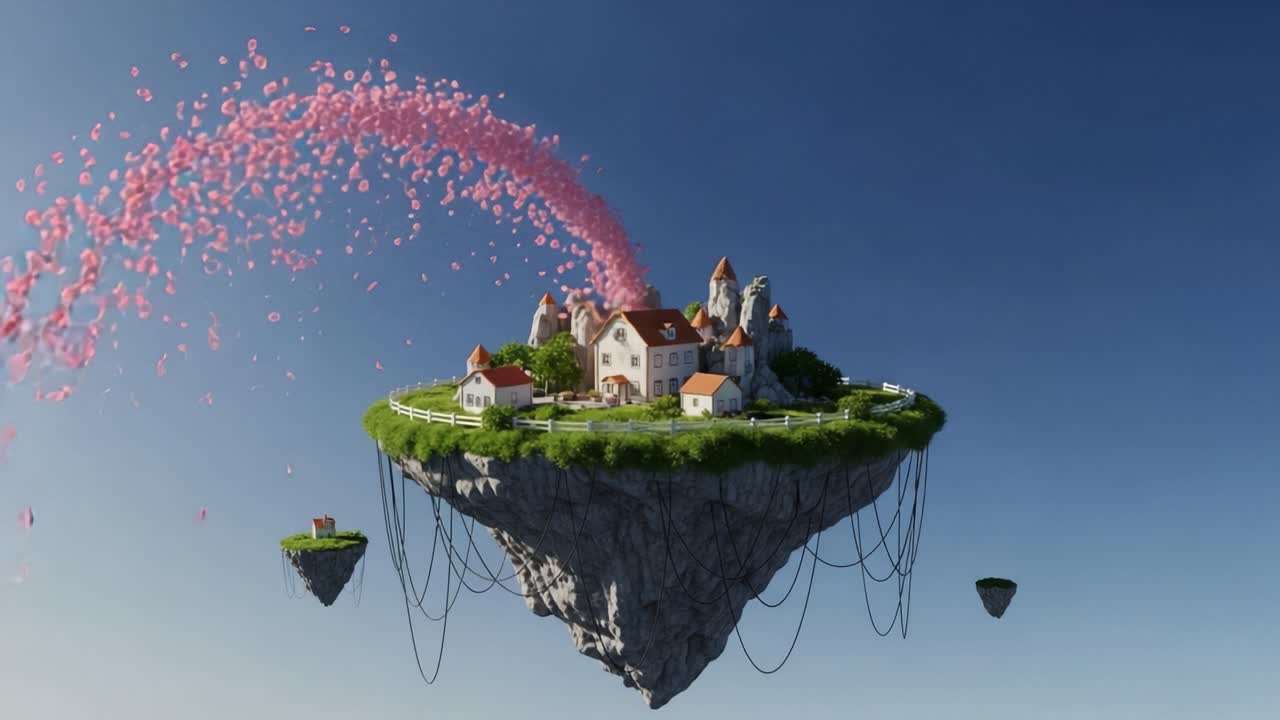 A Dreamlike Floating Island Scene with a Charming Village Surrounded by Colorful Blossoms and Whimsical Nature Elements Against a Clear Sky