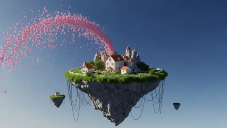 a dreamlike floating island scene with a charming village surrounded by colorful blossoms and whimsical nature elements against a clear sky