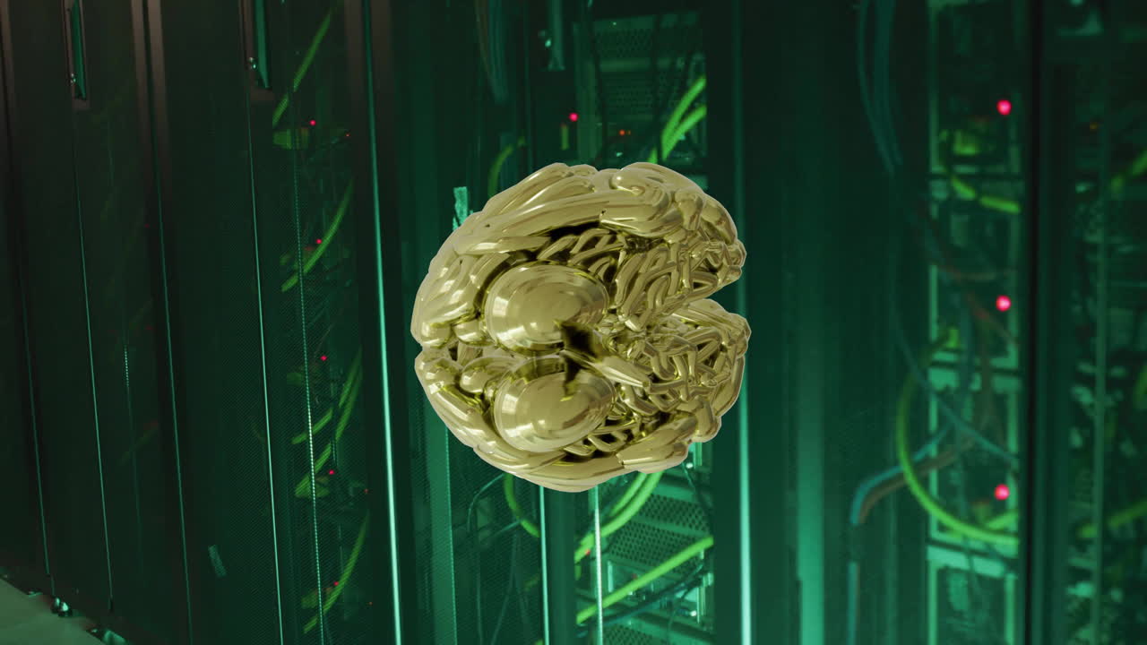 modelo de cerebro dorado con animación de circuitos sobre el fondo de la sala de servidores