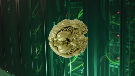 golden brain model with circuits animation over server room background