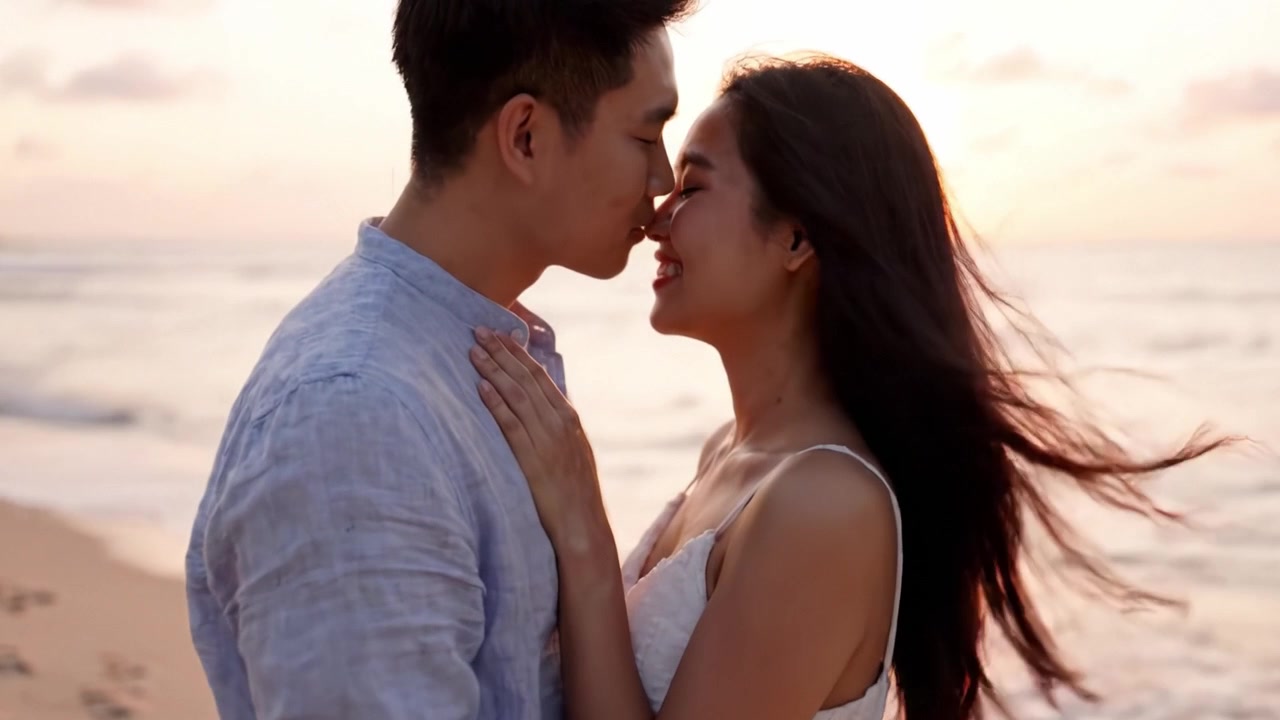 A Romantic Sunset Embrace: A Young Couple Sharing an Intimate Moment on a Serene Beach, Capturing Love and Connection Amidst the Soft Waves and Golden Light